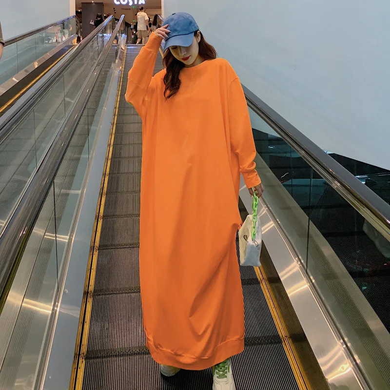 2020 Autumn Maxi Dress Women Big Size Irregular Batwing Long Sleeve Loose Casual Dresses Orange Yellow Wrinkle Design Koreant