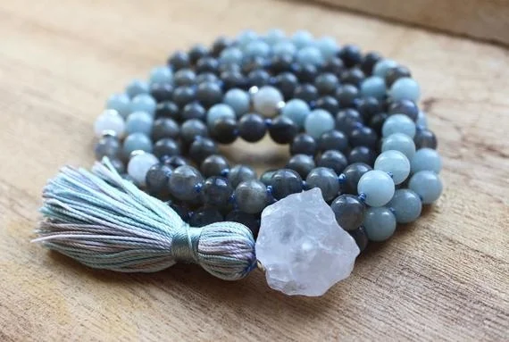 Labradorite Mala Beads 108, Aquamarine Mala Necklace, Knotted Mala, Tassel Necklace, Yoga  Necklace