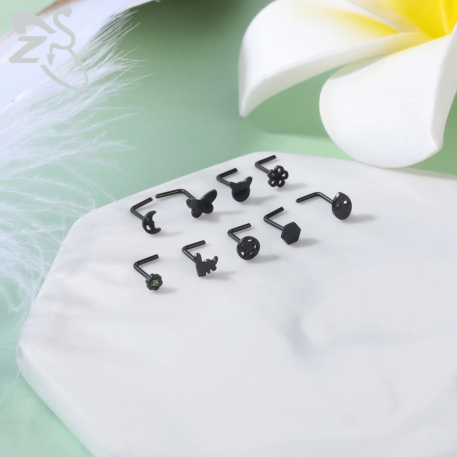 ZS 3-9pcs/lot Stainless Steel Nose Stud Set for Women Moon Heart Star Nose Piercings Black Color L Shape Nostril Piercing Jewely