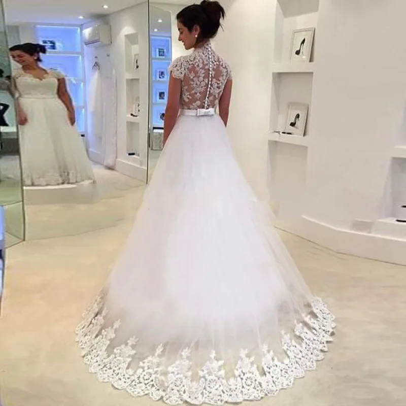 Koreanische Indonesien Hochzeit Kleider Kurzarm Boho Hochzeit Kleid 2020 Mit Appliques Weiß EINE Linie V-ausschnitt Tüll Gypsy Braut spitze