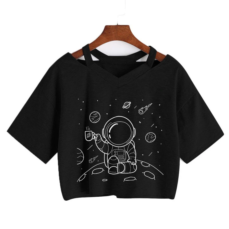 Universe Space Short Tee New Moon Astronaut Print T-shirt Women Casual V-Neck Sexy Short Sleeve Crop Tops Harajuku Streetwear