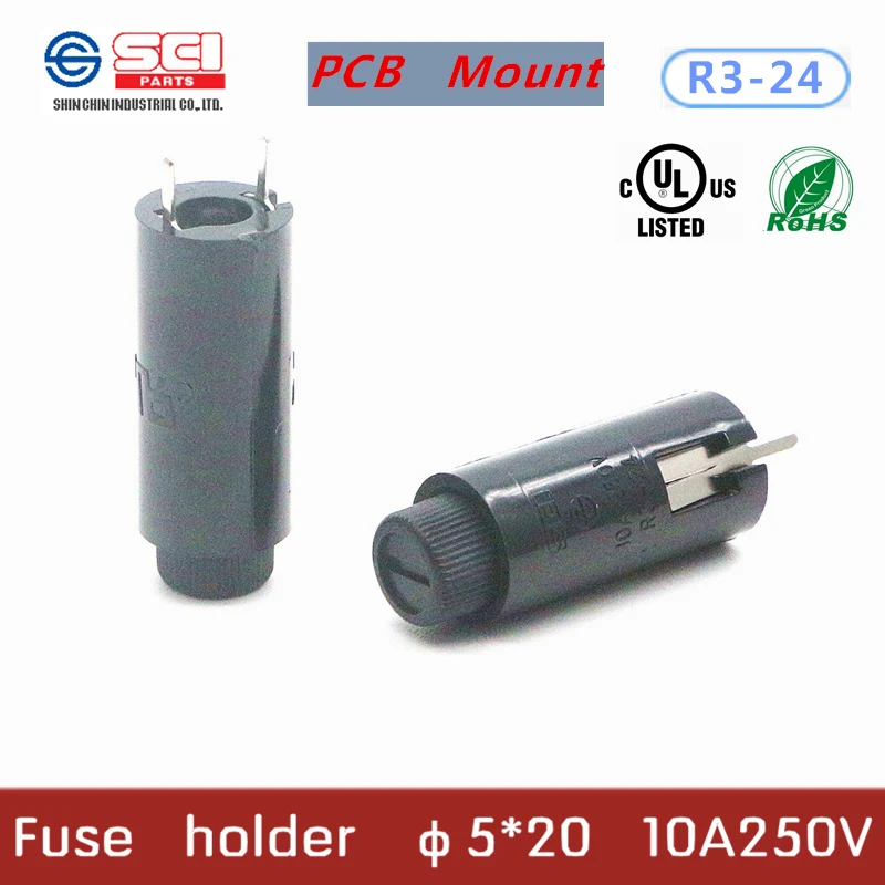 R3-24/Taiwan SCI Fuse Holder/Phenolic  (UL flame:94V-1)/10A 250V 5*20mm/PCB fuseboxes/5pcs in pack/no fuse inside