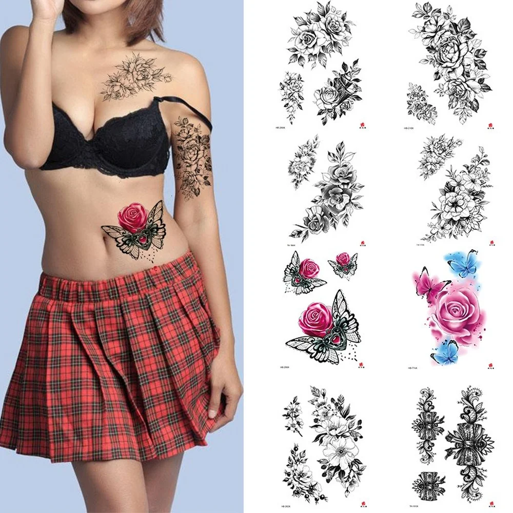 

Waterproof Temporary Tattoo Stickers Black Sketchs Flowers Flash Fake Tattoos for Woman Body Art Tatto Cheap Stuff for Women