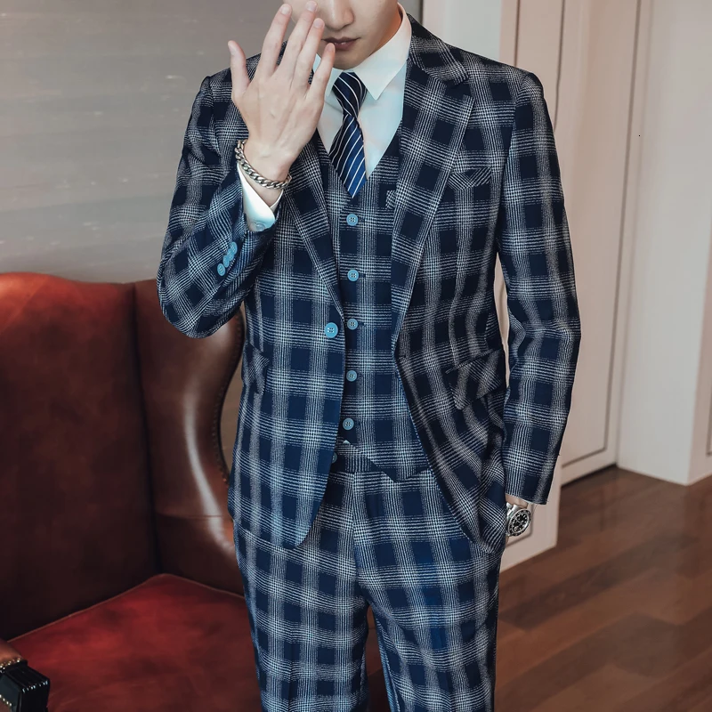 Cotume Homme Men Casual Wedding Suits Grooms Suits Mens Evening Suits Set Plaid Suits Mens Smoking Party Dress Prom Men Clothing