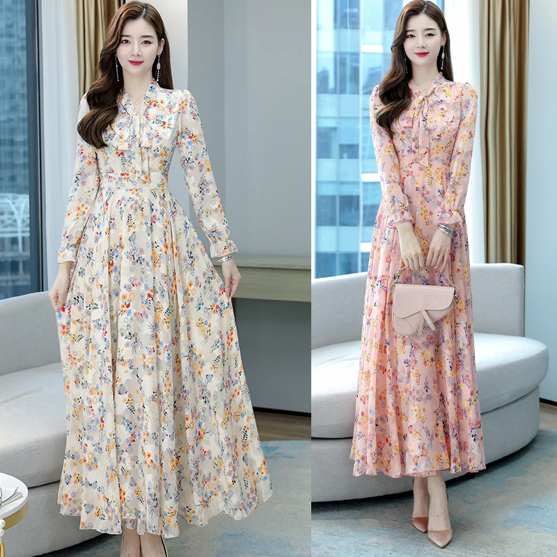 2024 Herfst Winter Vintage Vrouwen Maxi Jurken Bloemen Chiffon Casual Strand Midi Jurk Elegante Bodycon Party Lange Mouw Vestidos