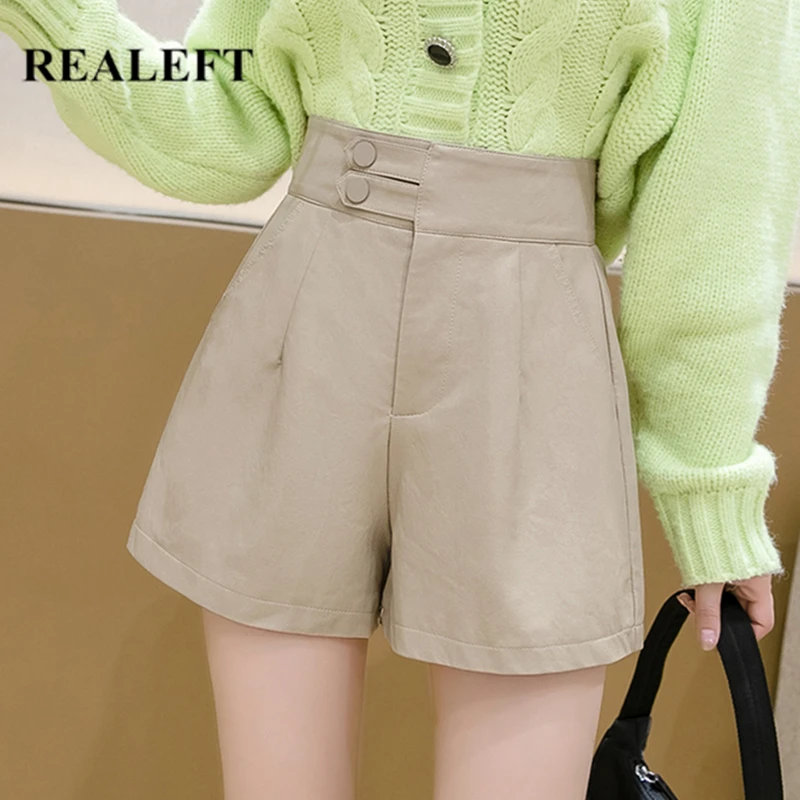 REALEFT PU Faux Leather Buttons Women's Shorts 2021 New Autumn Winter High Waist Wide Leg Shorts Elegant Female Chic Trousers