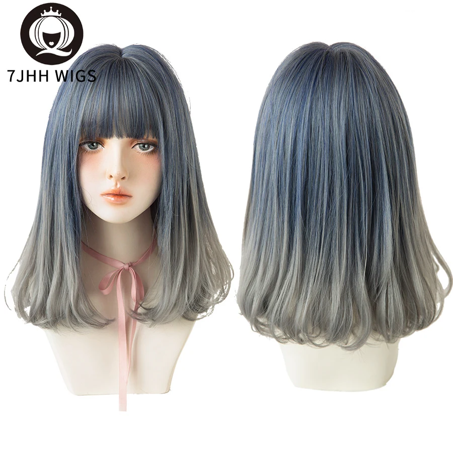 7JHH WIGS Medium Length Omber Blue Gray Wigs With Fluffy Bangs Synthetic Straight Colourful Hair Wig For Women Beginner Friendly