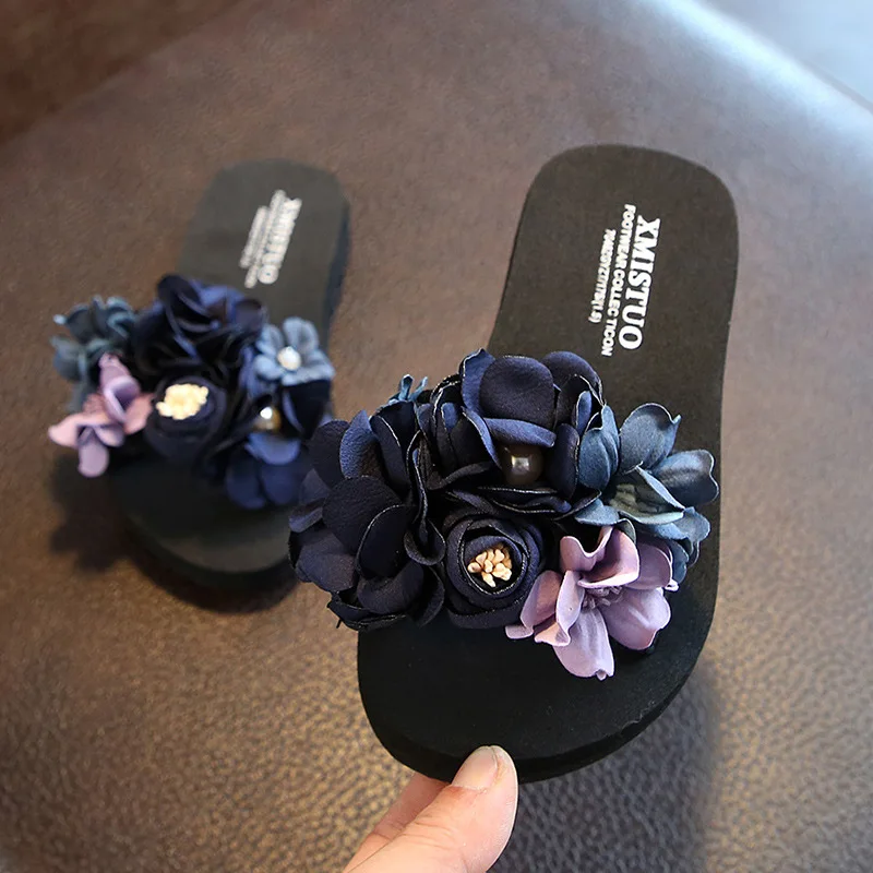 2020 Summer Fashion Kids Slippers Girls Flip Flops Beach Shoes Children Comfortable Artificial Flower Slippers For Girls