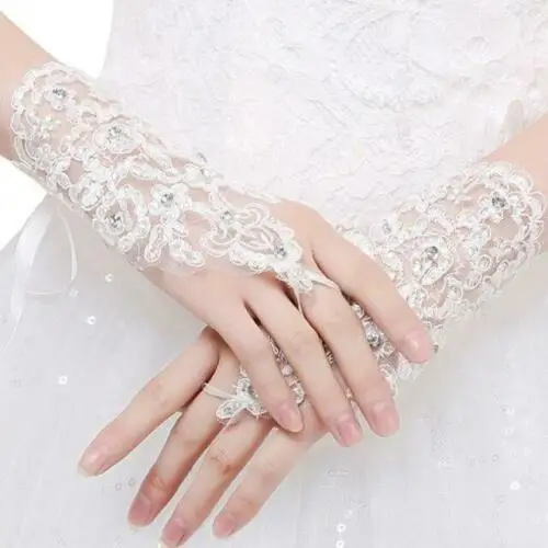 Guantes de novia elegantes cortos de encaje blanco con diamantes de imitación sin dedos, accesorios de boda