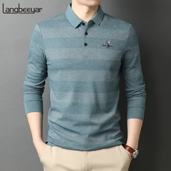 2023 High End New Fashion Brand Striped Designer Embroidery Casual Turn Down Collar Long Sleeve Polo Shirts Men Tops Men Clothes