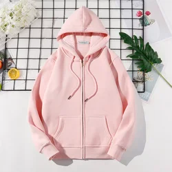 Fashion Pink Zipper Sweatshirt Women Spring Autumn Plush Pocket Hoodies Loose Korean High Quality Cotton Coat Femme Jacket