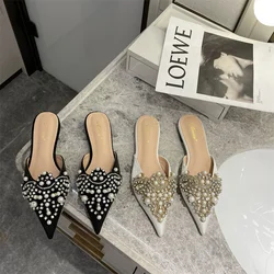 Pointed Toe Women Slippers Slides Lace Pearl Crystal Flats Heeled Black White Shallow Slip On Mules Shoes Slides Party Sandals