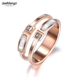 JeeMango New Rose Gold Color Double Shell & Cubic Zirconia Finger Rings Jewelry Stainless Steel Wedding Ring For Women JR18005