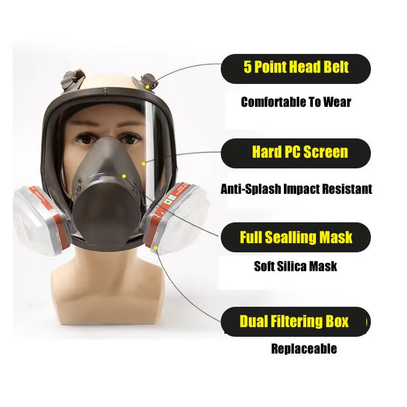 7-In-1 6800 Full Face Dust Gas Respirator Filtering Cartridge Organic Vapors Face Cover For Painting Spraying Welding Protection