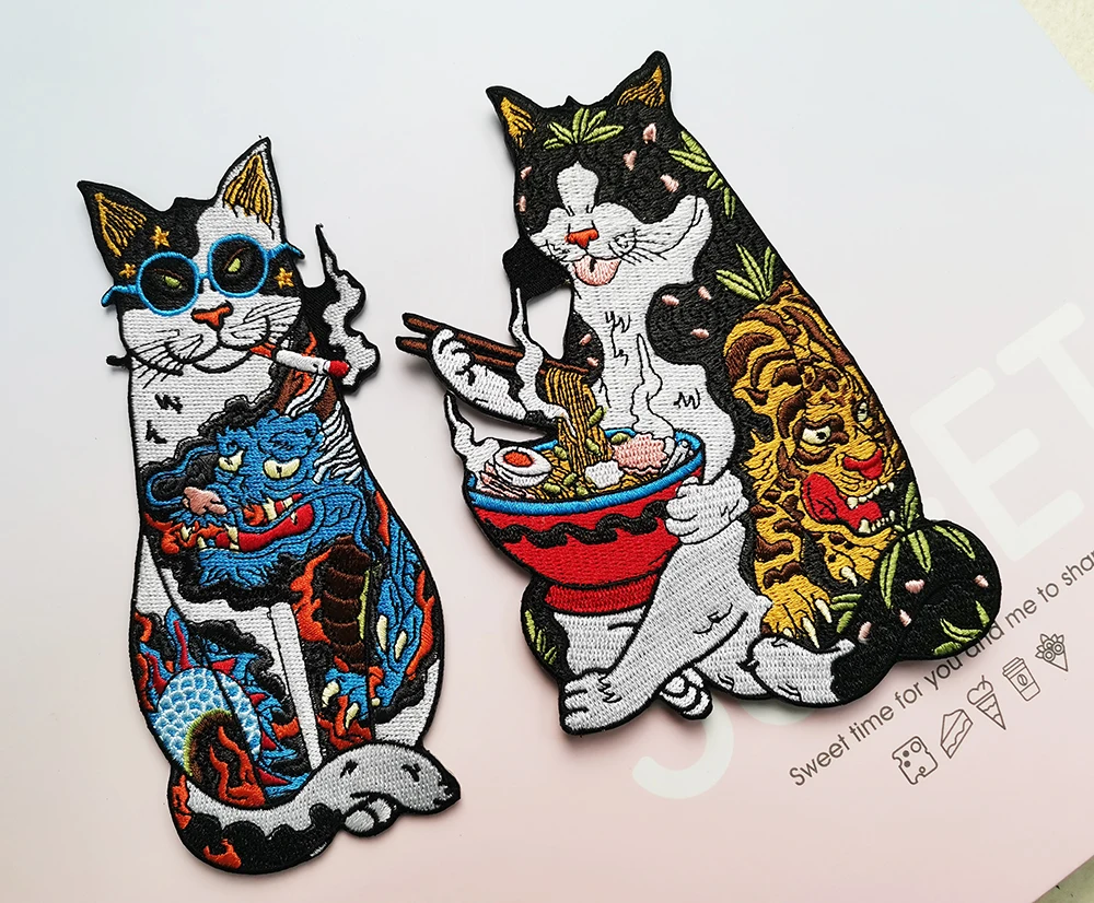 Flower Cat Embroidery Patch Japanese Culture Noodles Iron on Cool Cartoon Patches Twill Fabric Sticker Badges for Clothing