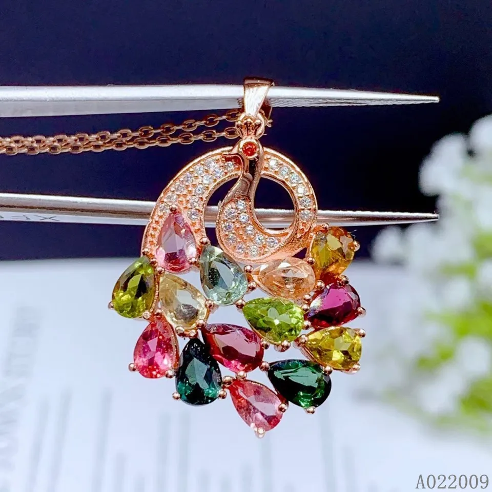 

KJJEAXCMY fine jewelry 925 Sterling Silver inlaid natural Tourmaline fashion two wear peacock girl Pendant Necklace support test