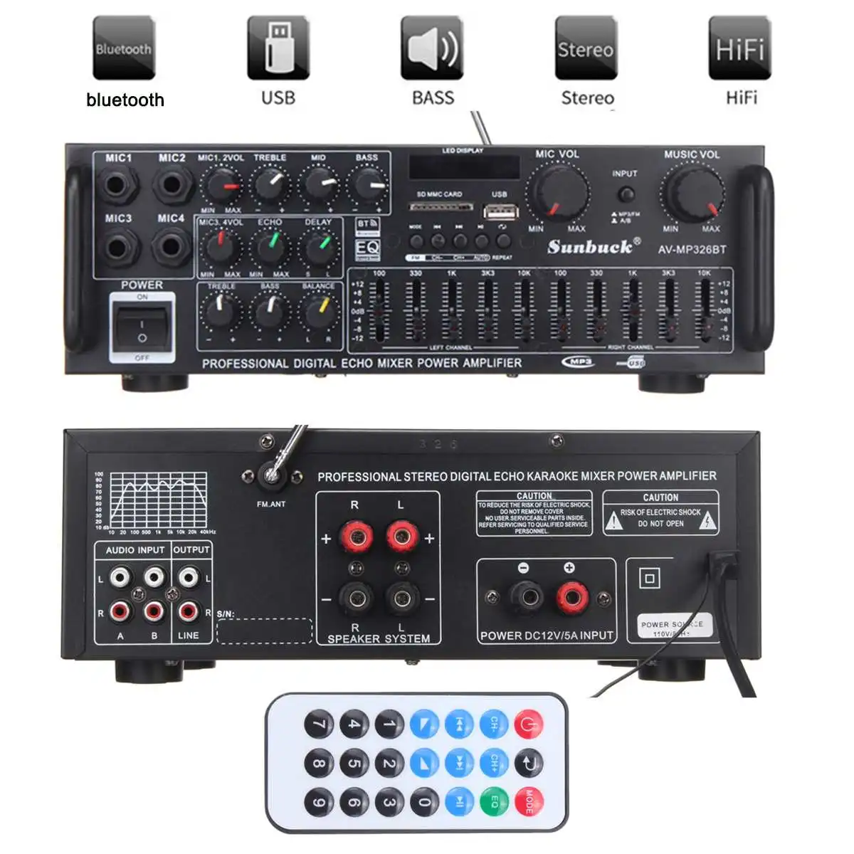 AMPLIFICADOR ESTÉREO inalámbrico con bluetooth para coche, AMPLIFICADOR DE POTENCIA DE 2000W, 4ohm, USB, disco, tarjeta SD, Audio estéreo Hifi, PARA Karaoke en casa