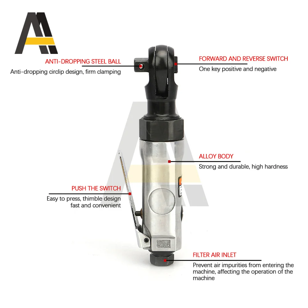 Chave de catraca pneumática quadrada Mini ferramenta pneumática Multifunções High Torque, Reparação de bicicletas, 1,4, 3,8