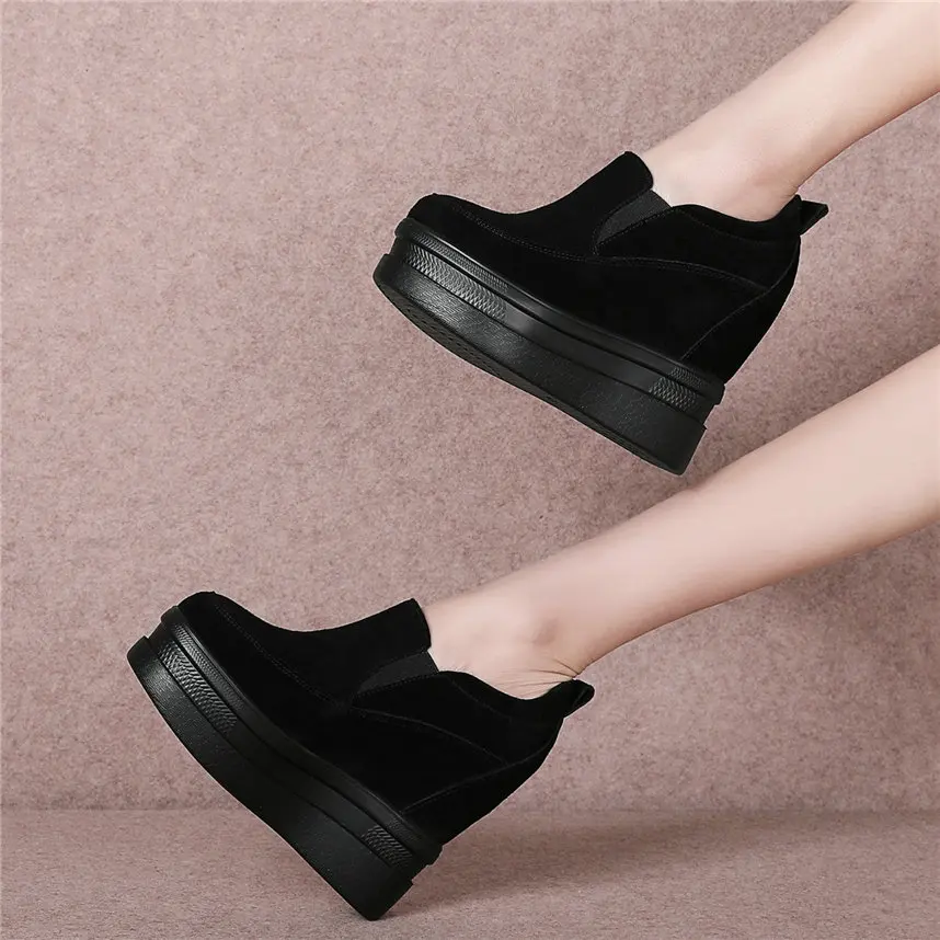 Sepatu Wedges hak tinggi wanita, sepatu kasual selop kulit asli, sepatu pump Platform ujung bulat, sepatu sneaker modis untuk wanita