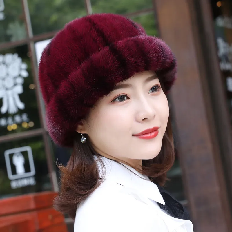 2024 New Round Hat with Natural Striped Fur, Colored, Elastic, Adult, Fashion, Warm, Mink, High Quality, Streetwear.