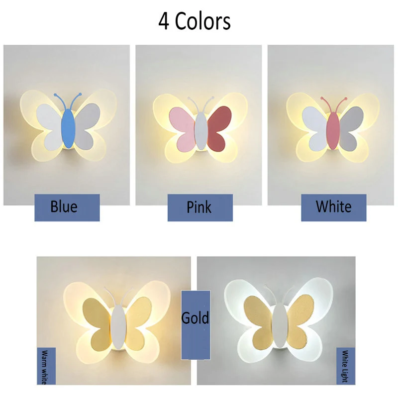 Cartoon Cute Blue Pink Butterfly Wall Lamp Creative Wall Mount LED Light Kids Child Girl Boy Baby Bedroom Nursery School Decor