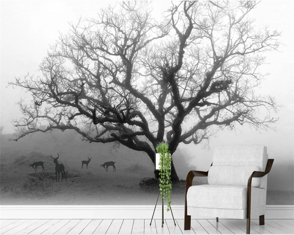 Custom wallpaper black and white tree bird background walls mural home decoration living room bedroom forest 3d wallpaper photo