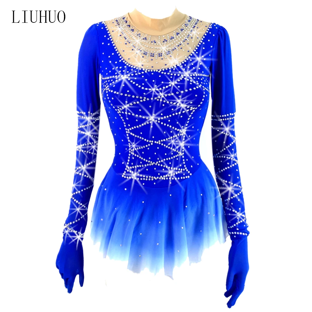 LIUHUO Figure Skating Dress Women Girls Spandex Blue Diamonds Ice Skating Roller Skating Ballet Dress with gloves