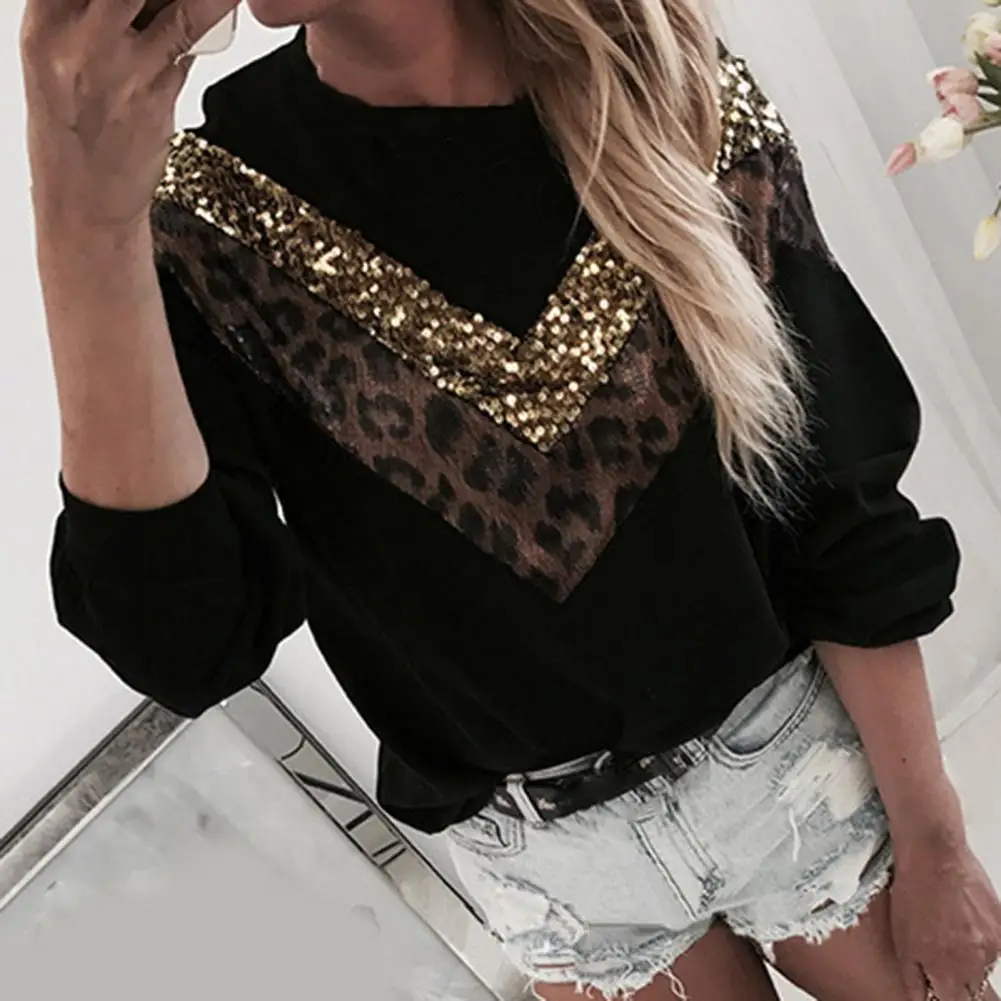 Casual Hoodies Women Leopard Print Sequins Patchwork Pullover Sweatshirt Long Sleeve O-Neck Women Sweatshirt Outerwear