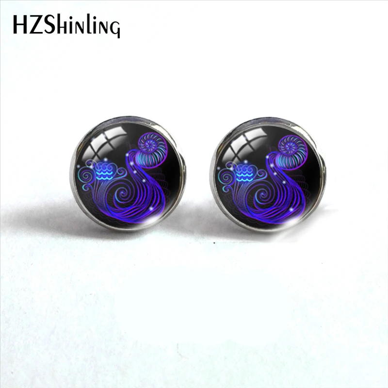 2020 New Zodiac Sign Stud Earring Virgo Gemini Earrings Handmade Round Glass Dome Art Printed Jewelry