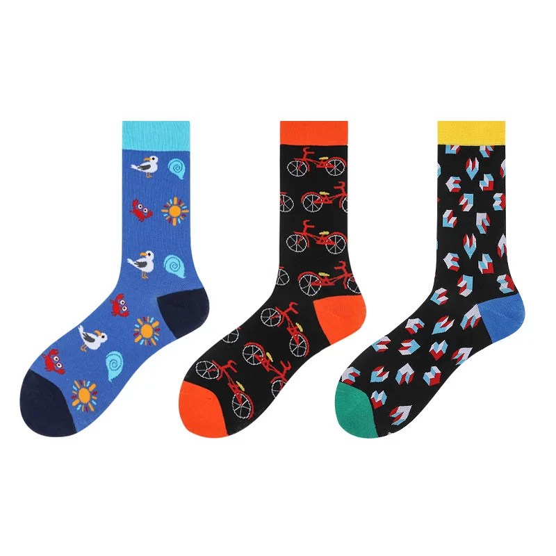 Men Socks Cotton Funny Socks For Men Novelty Bicycle Bird Crab Printed Casual Dressing Crew Socks For Happy Wedding Gift