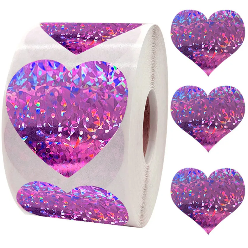 100-500pcs 1.5 calowy Laser holograficzny serduszkami naklejki na walentynki różowy fioletowy musujące etykiety Wedding party Love Stickers