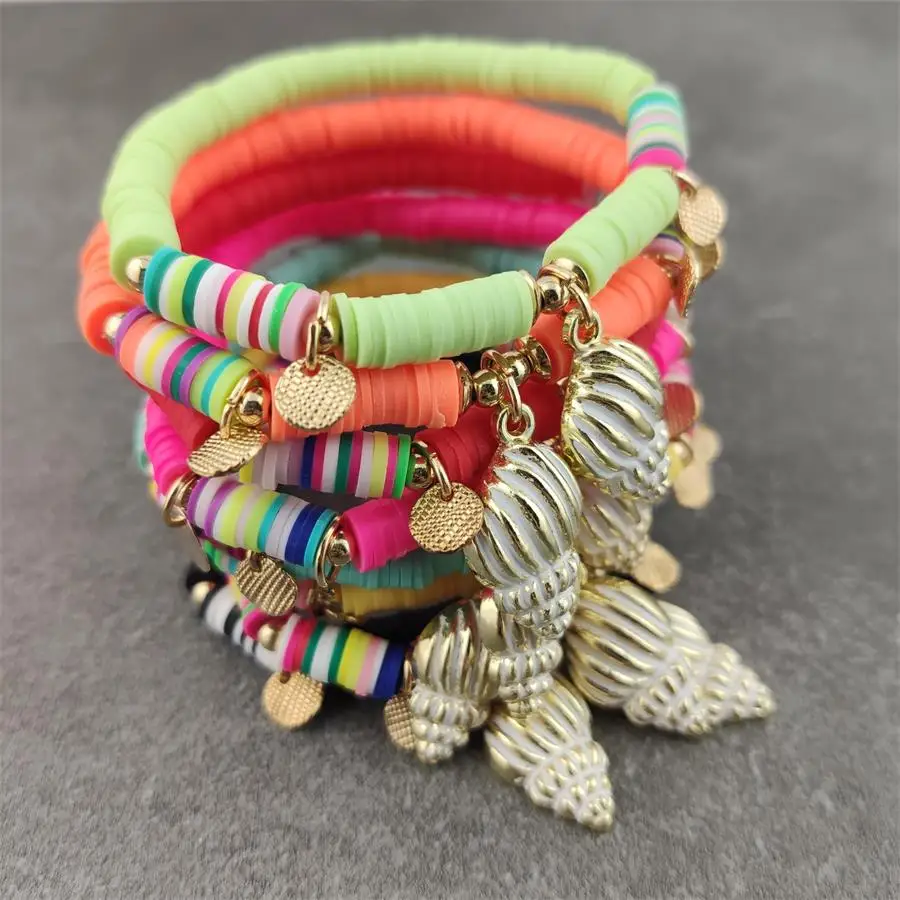 Boho Elastic Vinyl Discs Bead Stretch Conch Bracelet Couple Rainbow Tubular Heishi Bracelet For Women Men Summer Beach Bijoux