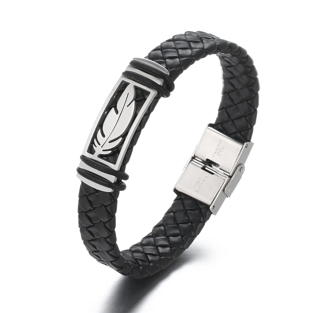 2024 Charm Jewelry Stainless Steel Weave Leather Scorpio Bracelet Vintage Titanium Steel Cuff Feather Bracelet Men pulseras