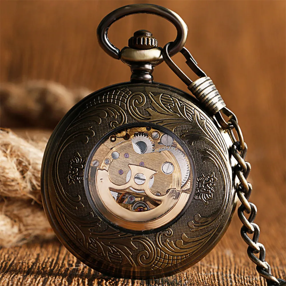 Polishing Smooth Silver/Black/Bronze Self Winding Mechanical Pocket Watch Hollow Circle Cover Retro Automatic Pendant Timepiece