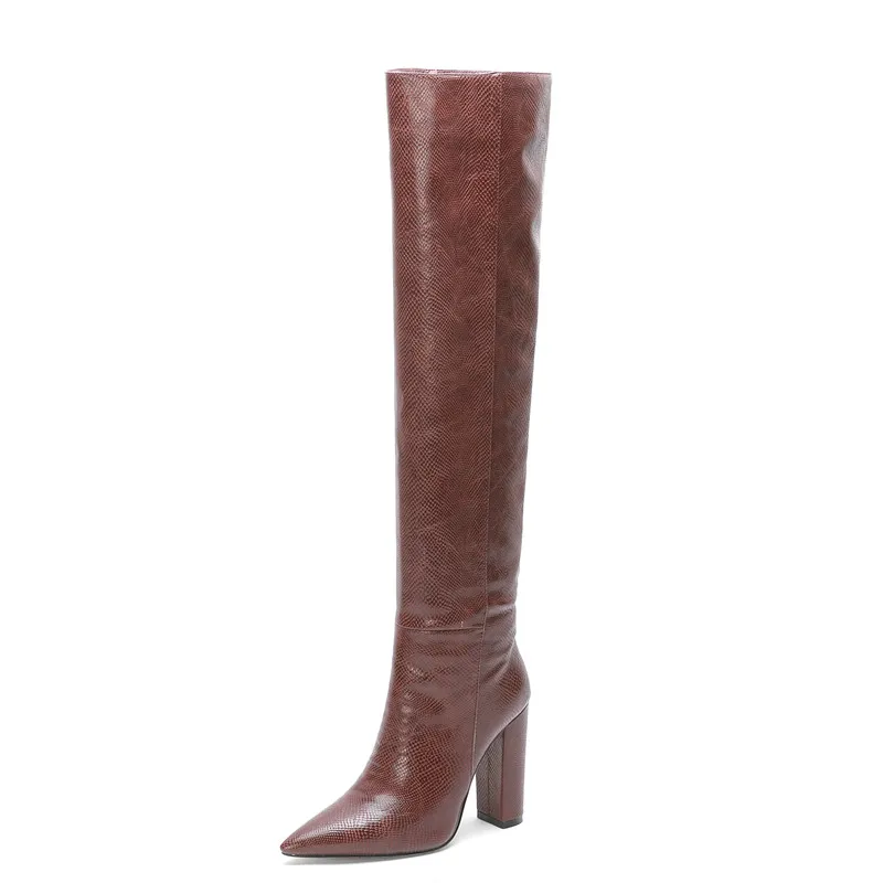 

Thick Heel Snake Boots Women Microfiber Leather Winter Boots Over The Knee Multi-Color Optional High Heel Zapatos Mujer Invierno