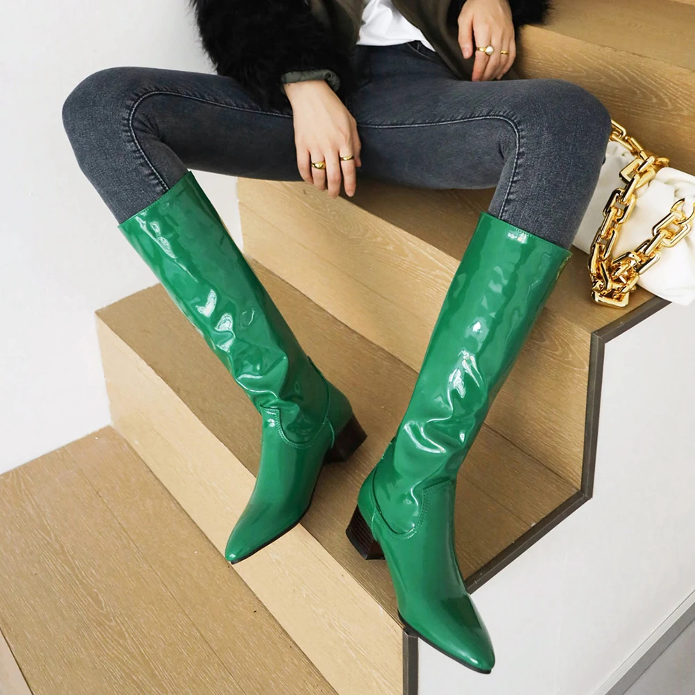 Classic Womens High Knee Boots Patent Leather Pointed Toe Knee High Boots Women Party Fetish Boot Blue Woman Shoes Autumn Winter