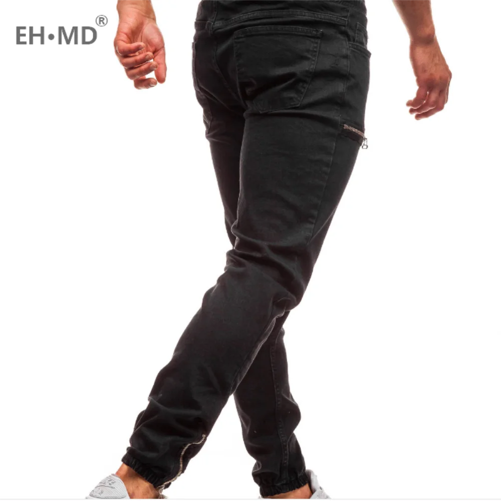 EH·MD® Men's Denim Fabric Casual Frosted Zipper Design Sports Jeans Men's Black Beam Elastic Band Cotton Zip Pockets and Feet