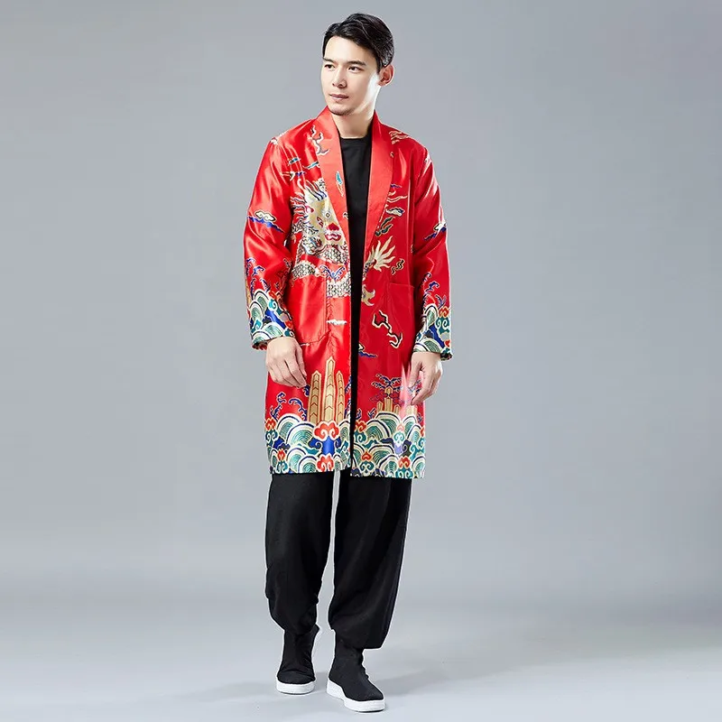 2020 Spring Chinese Style Men Printing Pattern dragon Long Slim Fit Lapel Casual Trench Outerwear Male Robe Runway Coats