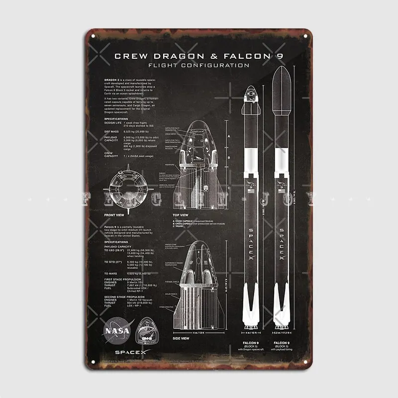 Spacex Crew Dragon Spacecraft And Falcon 9 Rocket Blueprint Metal Sign Garage Decoration Vintage Club Bar Tin Sign Posters