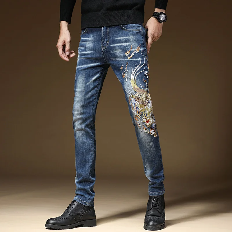 Dragon Mens Embroidery Fashion Jeans streetwear Slim fit Stretch Punk Jeans Man Hip hop Cotton Casual Denim trousers