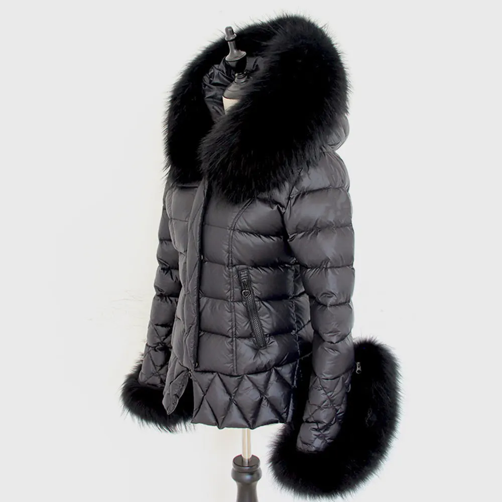 Jaxmonoy Winter Down Coat with Hood for Women Long Black Parka Real Raccoon Fur Collar and Cuffs Ladies White Duck Down Jackets