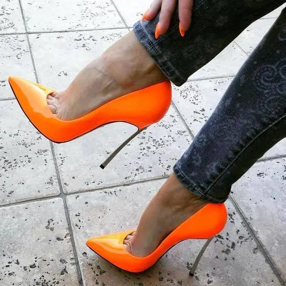 Spring Metal Blade High Heel Pointy Toe Pumps Sexy Orange Slip On Ladies 10cm Stilettos Female Party Thin Heel Shoes