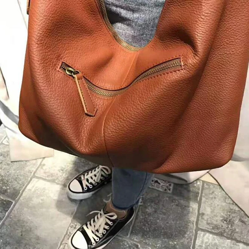 Genuine Leather Shoulder Bags Big Capacity 100% Natural Cowhide Tote Women Big Casual Satchel Top Quality Multi Pockets Bags