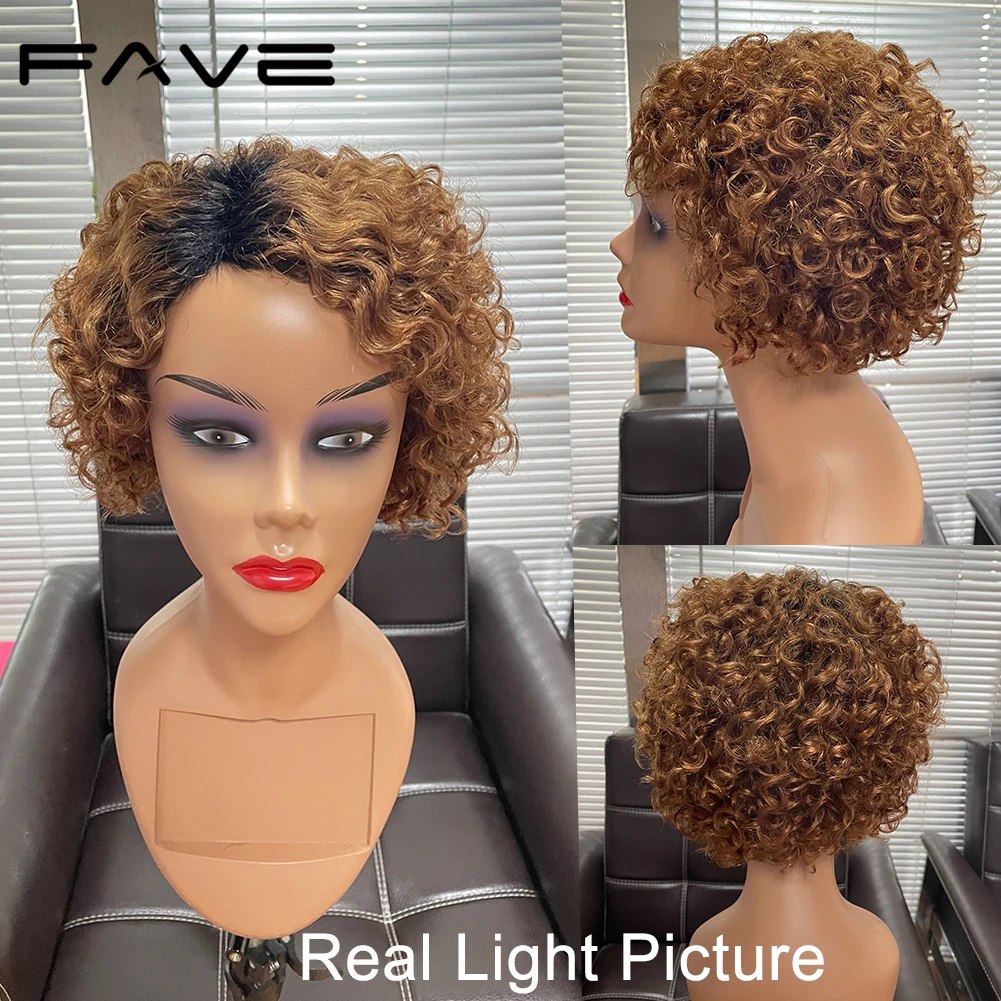 FAVE – Perruque Brésilienne Naturelle Remy, Cheveux Courts Bouclés, Coupe Pixie, Brun # 1B, Haute Densité, Partie Latérale Sans Colle, pour Femme