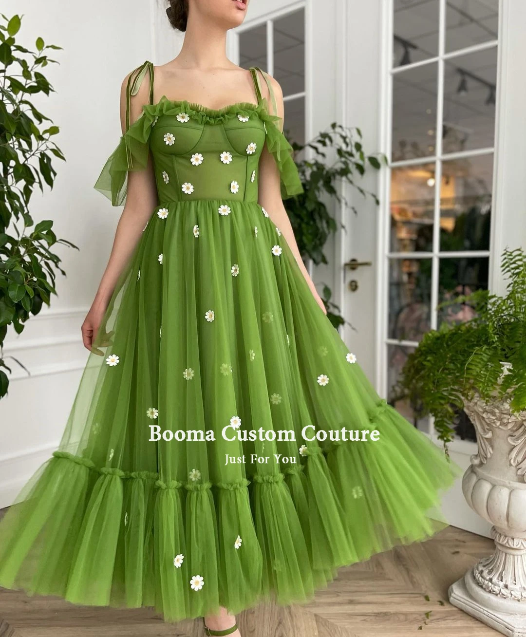 Booma Groen Uit De Schouder Prom Dresses Spaghettibandjes Ruches Thee-Lengte Prom Jassen Daisy Bloemen Wedding Party Jurken