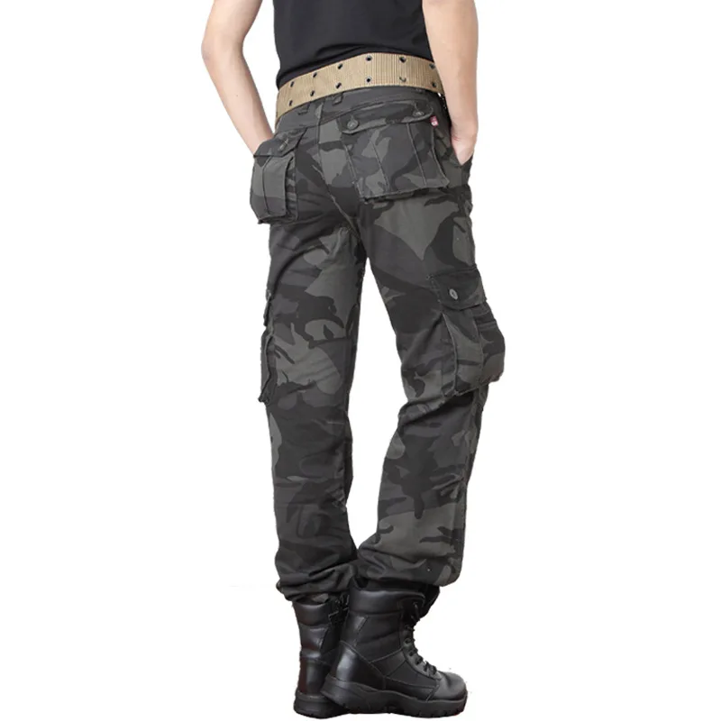 Navy Blue Multi-pocket Camo Cargo Pants Men Autumn Winter Plus Velvet Warm Straight Trousers Outdoor Fan Pants