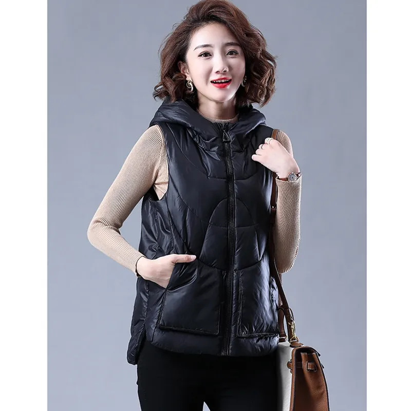 UHYTGF Vest Phụ Nữ Mùa Thu Mùa Đông Quần Áo Áo Ghi Lê Nữ Không Tay Vest Xuống Áo Khoác Trùm Đầu Ấm Coat Ngắn Colete Feminino 878