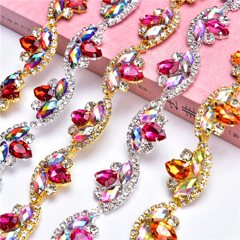 1 metr 2.3Cm szeroki łańcuch kwiatowy szkło kolorowe Rhinestone przycinanie Diy Ornament dekoracyjny koń oko diamentowy łańcuszek do odzieży