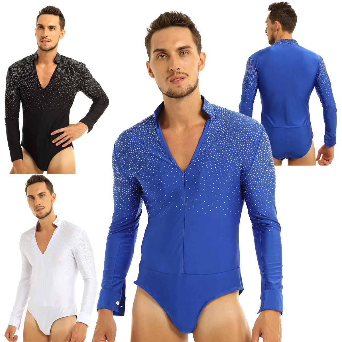 Mens Bodysuit Shirts Shiny Rhinestones Stand Collar Ballroom Costumes Dancewear Latin Tango Rumba Dance Shirt Leotard Shirt Tops