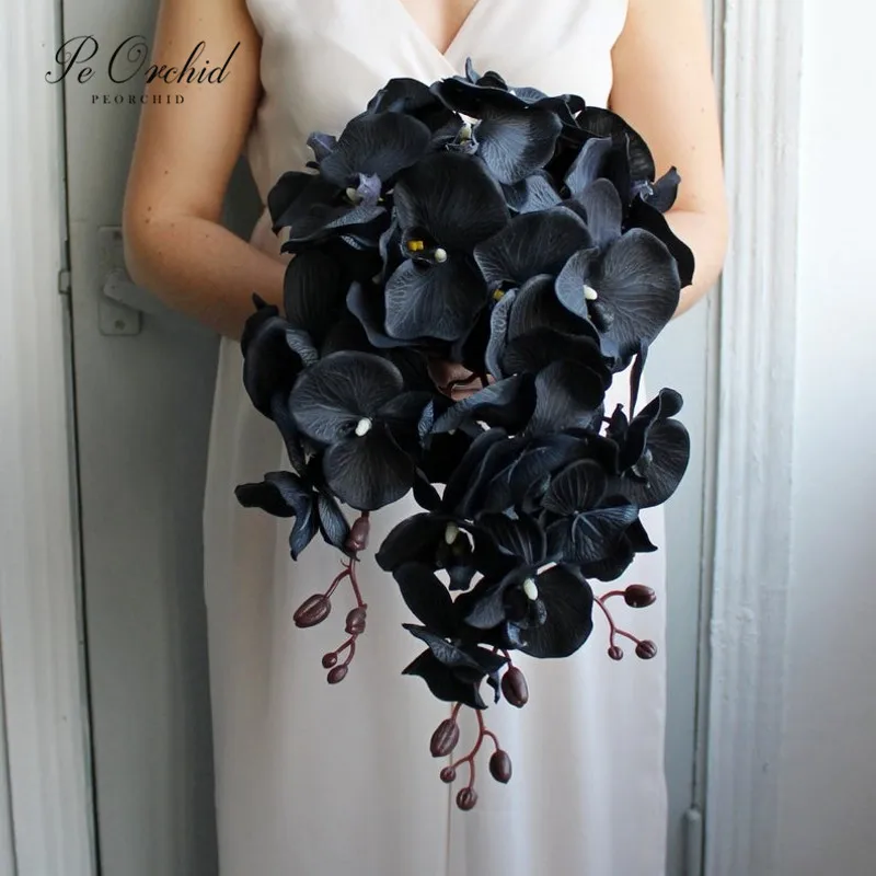 

PEORCHID Gothic Wedding Bouquet Black Orchid Bridesmaid Flower Artificial Waterfall Bouquet Cascading Boho Bridal Bouquet